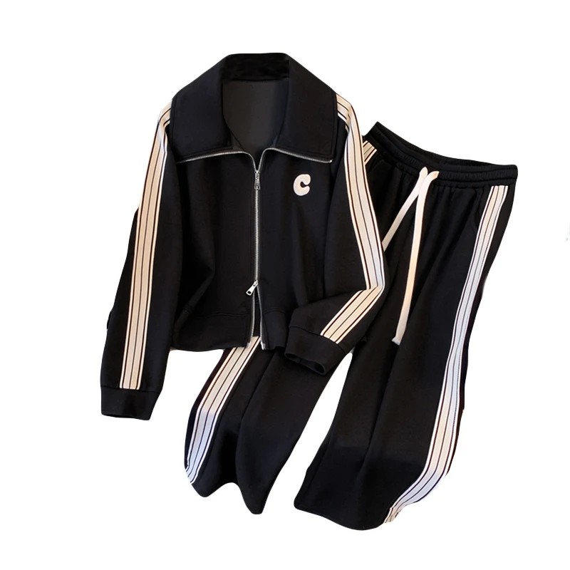 Autumn Winter Cotton Two-piece Set For Women 2023 Cardigan Tops And Skirt Large Size 4XL Female Black Elegant Stripe Sport Suit