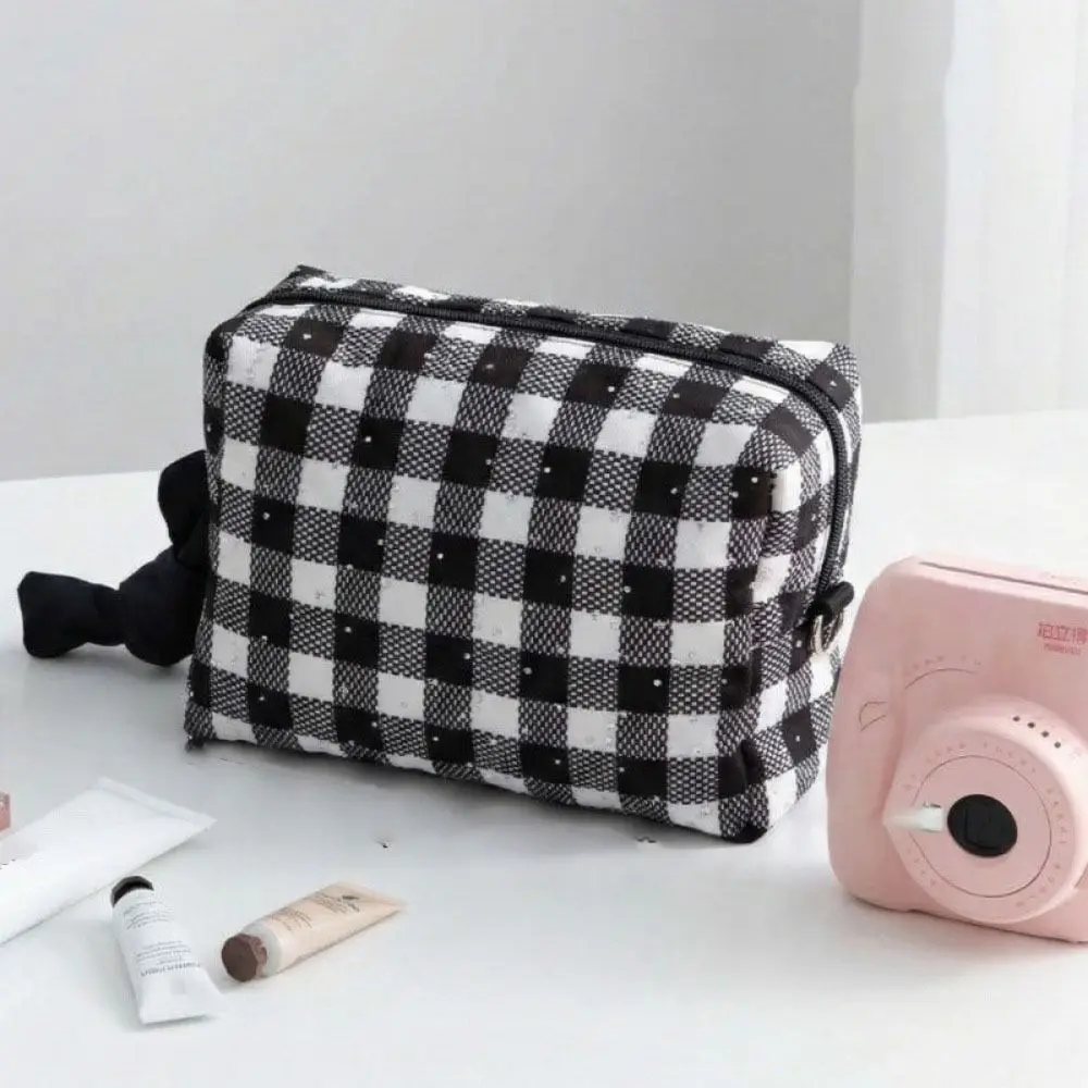 Large Capacity Checkered Cosmetic Bag Korean Style High Beauty Score Women Toiletry Bag Checkerboard Pattern Pencil Pouch