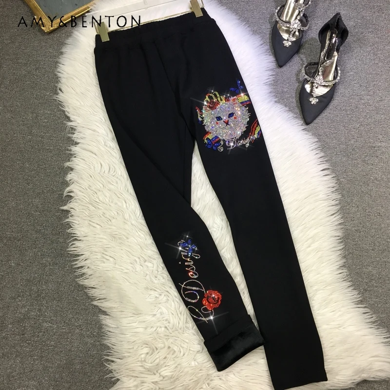 

Fleece-Lined Thick Leggings Women's Cute Cartoon Age-Reducing Skinny Pants High Waist Black Outer Wear Autumn Winter Trousers