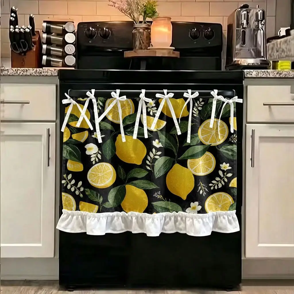 1 Piece Kitchen Stove Oven Curtain, 2D Printed Lemon Slices Leaf Floral Pattern, Can Also Be Used As Dishwasher Microwave Oven Cabinet Sink Decorative Curtain Skirt, Add Highlights To Your Themed Home, Is The Perfect Gift