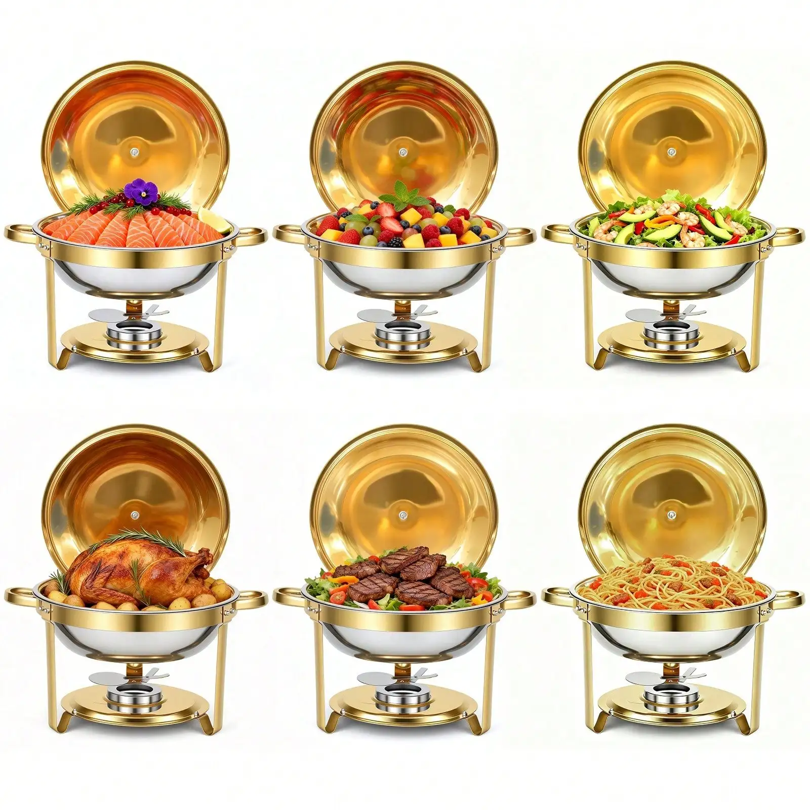 Chafing Dishes For Buffet, Fully Gold-Plated 4 Pack 5QT Round 316 Stainless Steel Chafing Dish Set For Home Parties, Christmas Gatherings, Catering Events Complete Buffet Warmer Set (Golden 4)