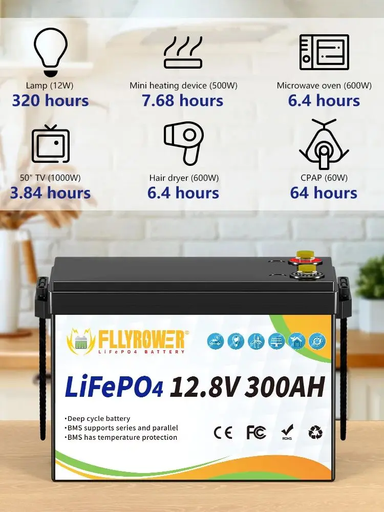 Fllyrower EU/US/CA/JP Lager 12 V 100 Ah 168 Ah 180 Ah 300 Ah Lifepo4-Akku, wiederaufladbarer Lithium-Ionen-Akku