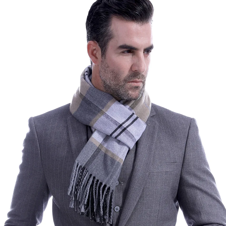 New Plaid Men's Scarf Men's Korean Version Middle-aged and Elderly Students Tassel Thickened Warm Scarf Imitation Cashmere