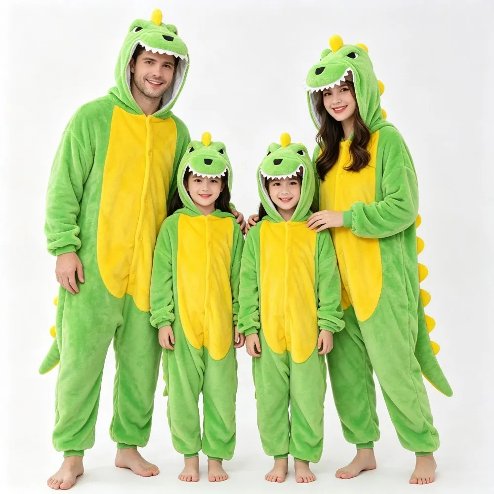 Family Matching Dinosaur Onesie Pajamas Flannel Kigurumi Adult Kids Winter Cartoon Animal Jumpsuit Halloween Cosplay Sleepwear