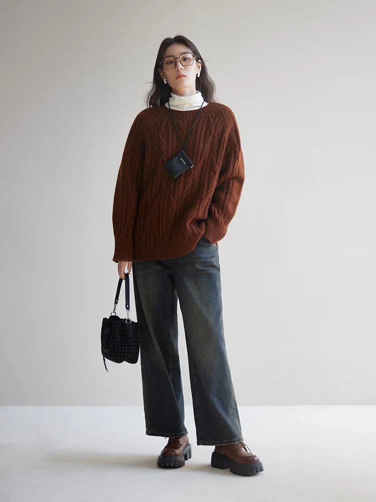 DUSHU Retro Twisted Flower Sweater Winter 2023 New Knitted Sweater Full Sleeve Women Brown Sweater Casual Loose Office Lady