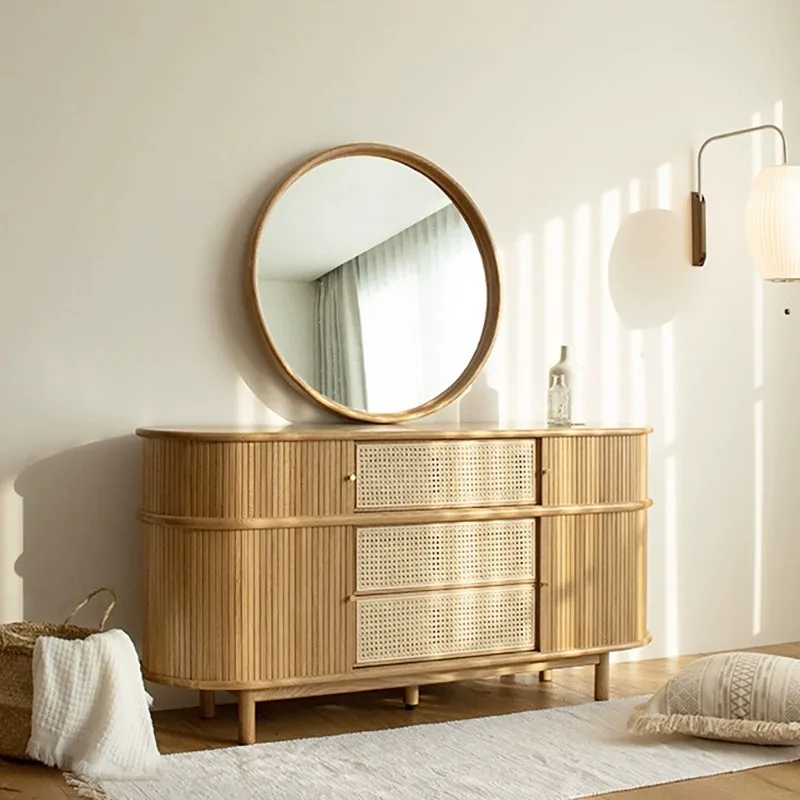 Nordic solid wood rattan dining side cabinet small apartment household retro roller shutter porch side cabinet bed and breakfast