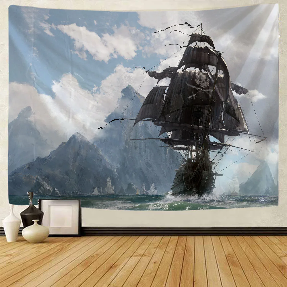 

Pirate Ship Oil Painting Tapestry Retro Sea View Printed Wall Hanging Bohemian Hippies Hanging Cloth Dormitory Home Decoration