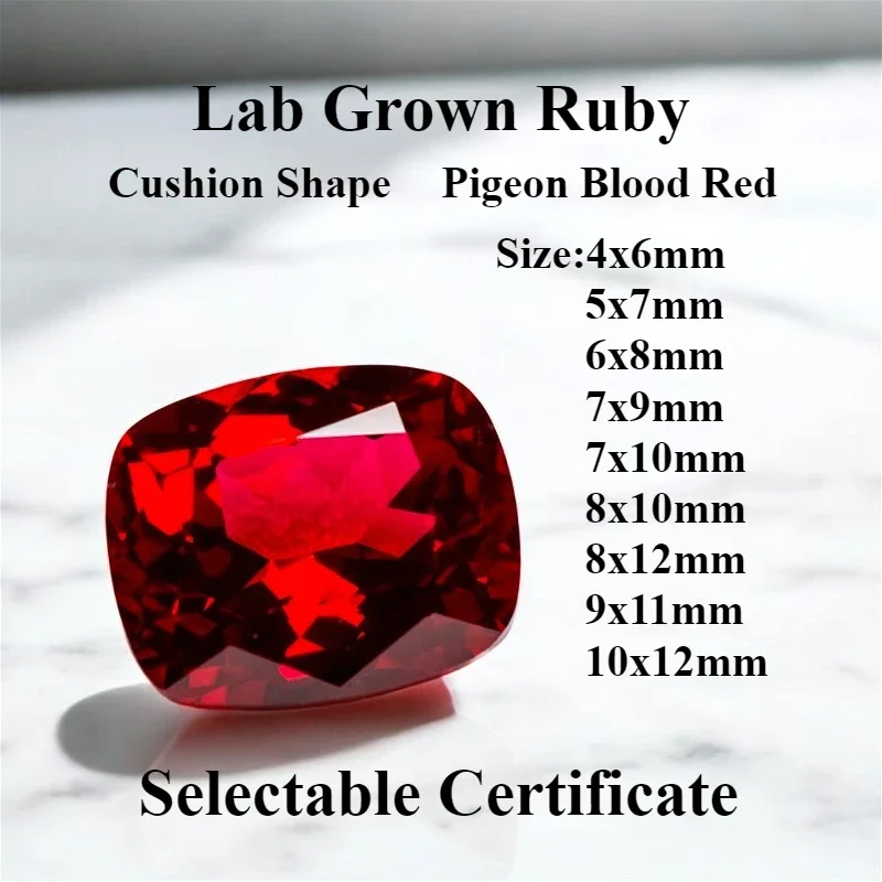 

High Quality Lab Grown Ruby Cushion Shape Pigeon Blood Red Color Charms Gemstone for DIY Jewelry Making Selectable Certificate