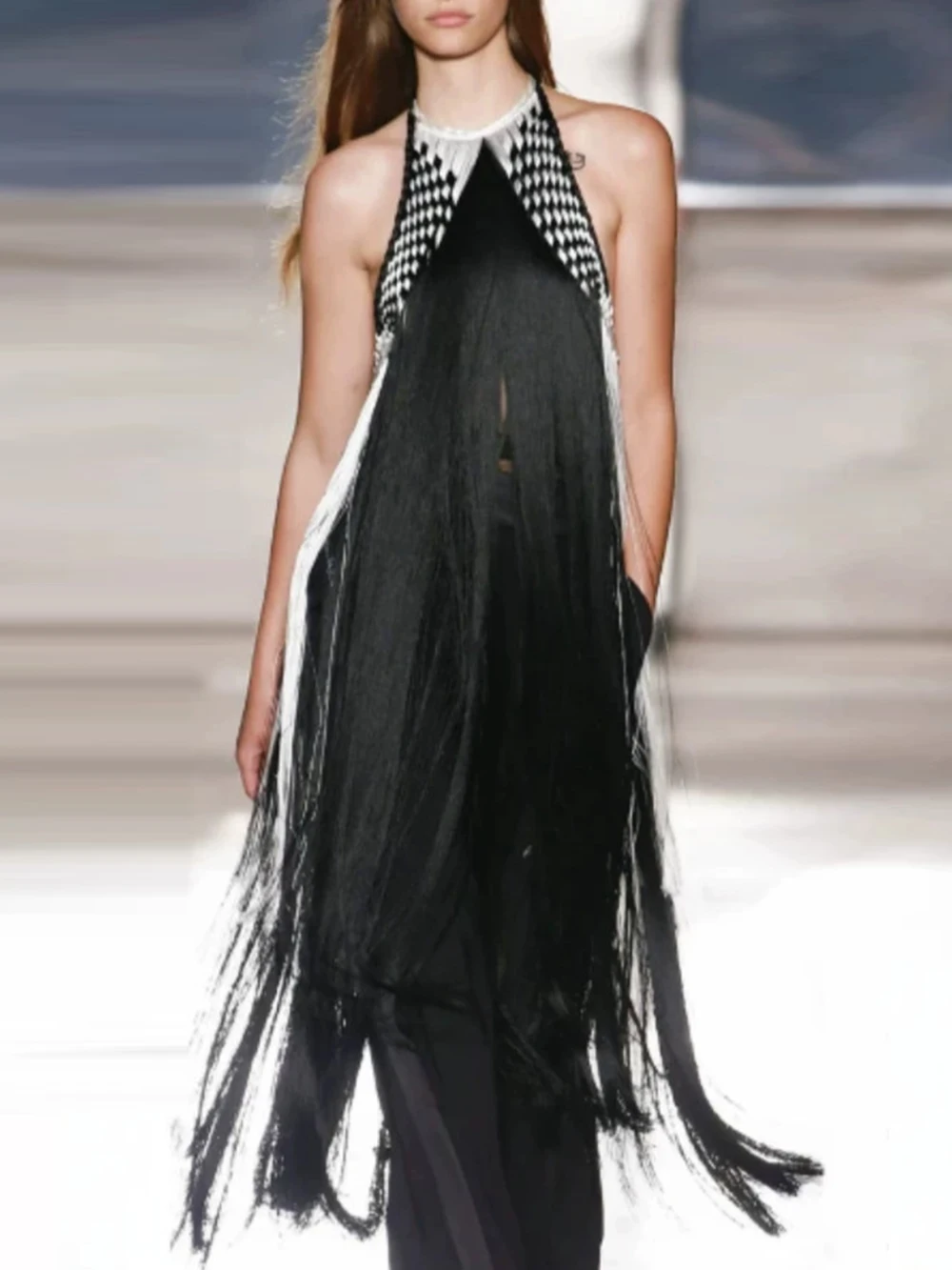 Modphy 2026 Black White Contrasting Tassel Woven Design Long Dress For Women Sleeveless Sexy Backless Perspective Fringe Dress