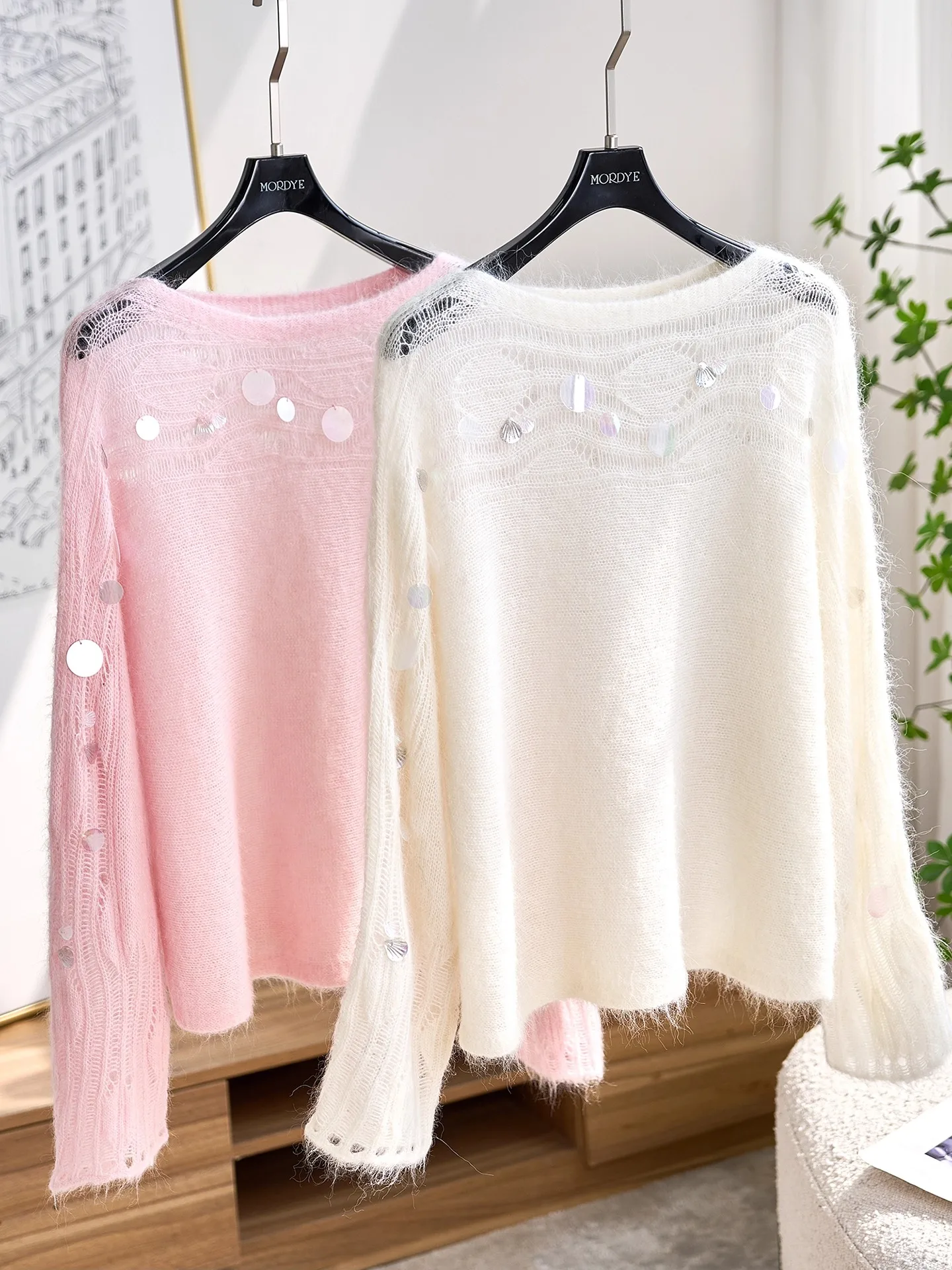 

Alpaca Wool Knitted Sweater Pink Hollow out One oulder Sequin Women's Loose Fit Warm Long Sve Color Top