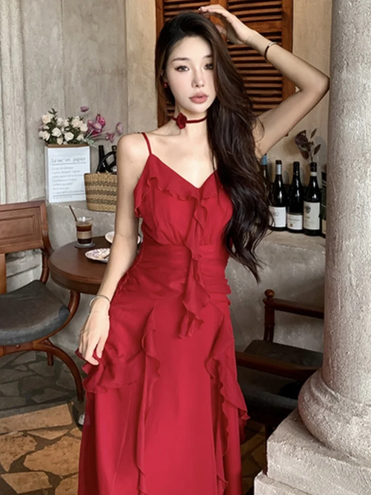 Elegant Wedding Evening Dresses Vintage Red Ruffles Party Dress for Women French Style  Summer Female Prom Slim A-Line Vestidos