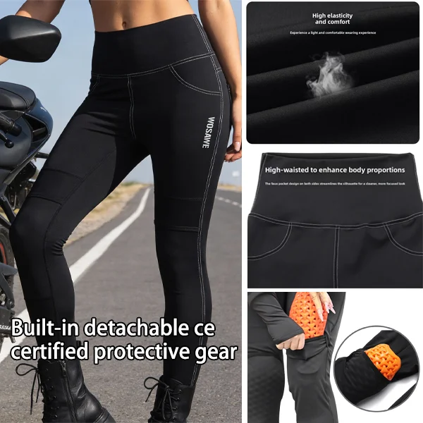 WOSAWE Women Motorcycle Riding Pants High Waist Slim Stretch Trousers with Removable Knee Pads Side Pockets Moto Biker Gear