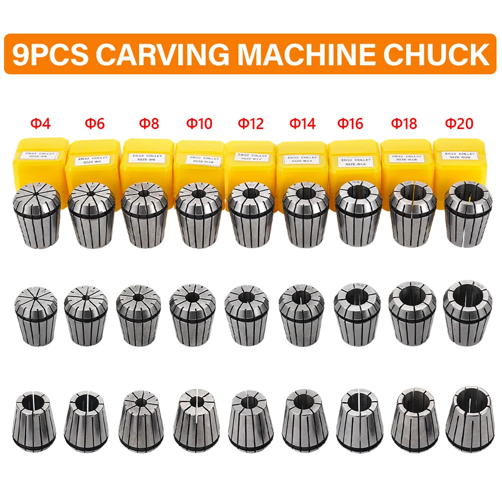 مجموعة ظرف زنبركي ER32 مكونة من 9 قطع مصنوعة من سبائك الصلب عالية الدقة لأدوات مخارط الطحن باستخدام الحاسب الآلي وآلات الحفر