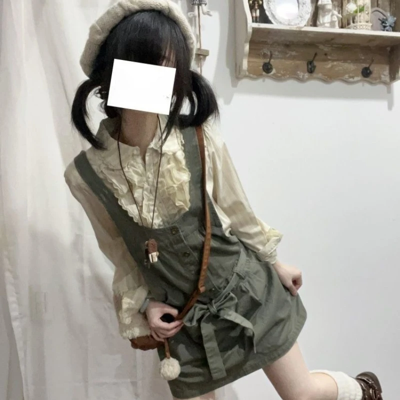 Japanese Vintage Lolita 2 Piece Sets Women Sweet Lace Ruffle Blouse Slim Strap Dresses Kawaii Fashion Girls Preppy Style Outfits