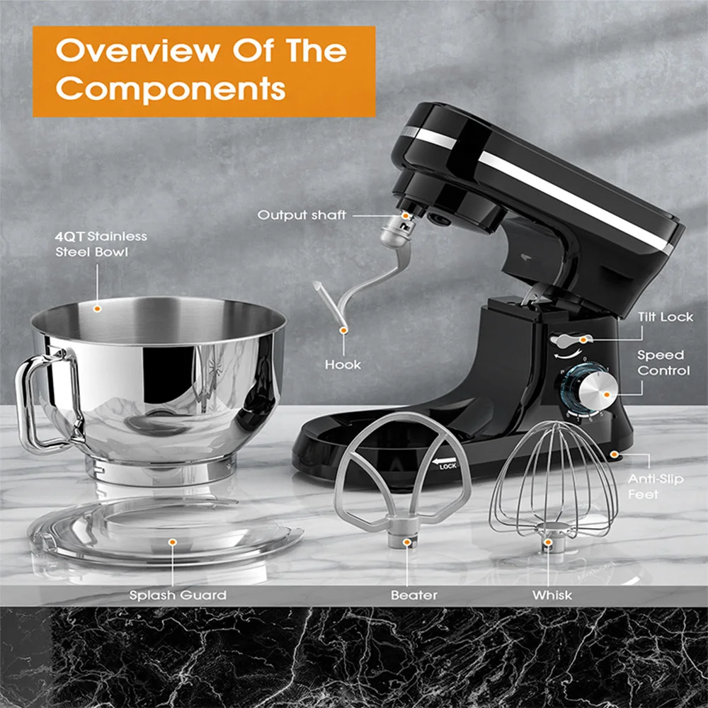 

380W Kitchen Electric Stand Mixer with 4Qt Mixing Bowl and 3 Attachments 8 Speed Household Tilt Head Dough Cake Baking Mixer