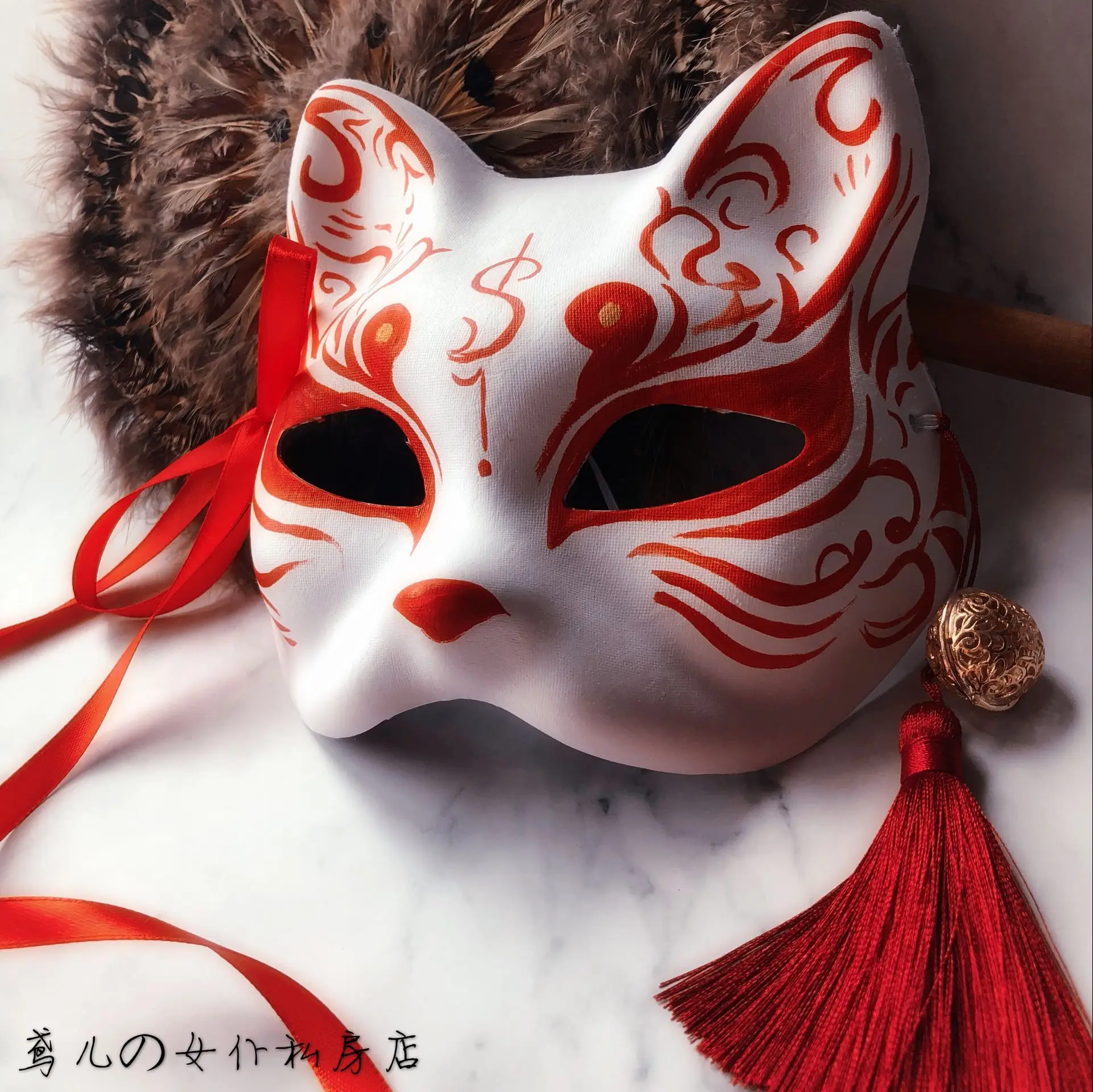 Hand painted mask the fox and the wind cos small fox spirit tassel bells