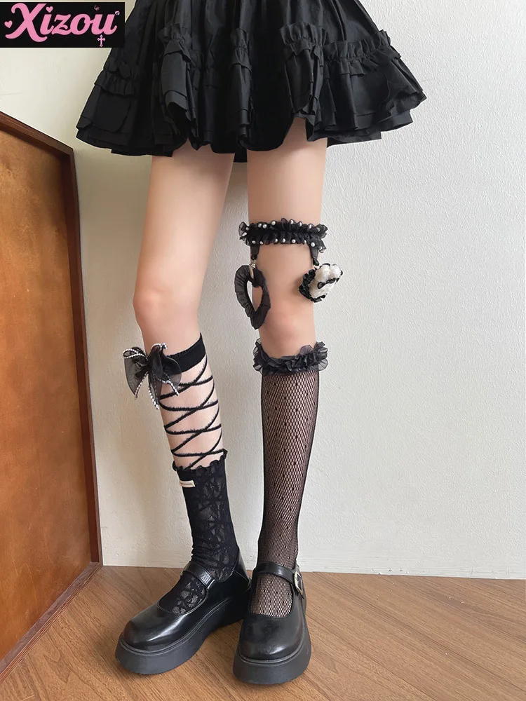 Japanese Sweet Cool Girl Gothic Stacked Wear with Glass Silk Lolita Crystal Lace Leg Ring Media Tube Socks with Skirt