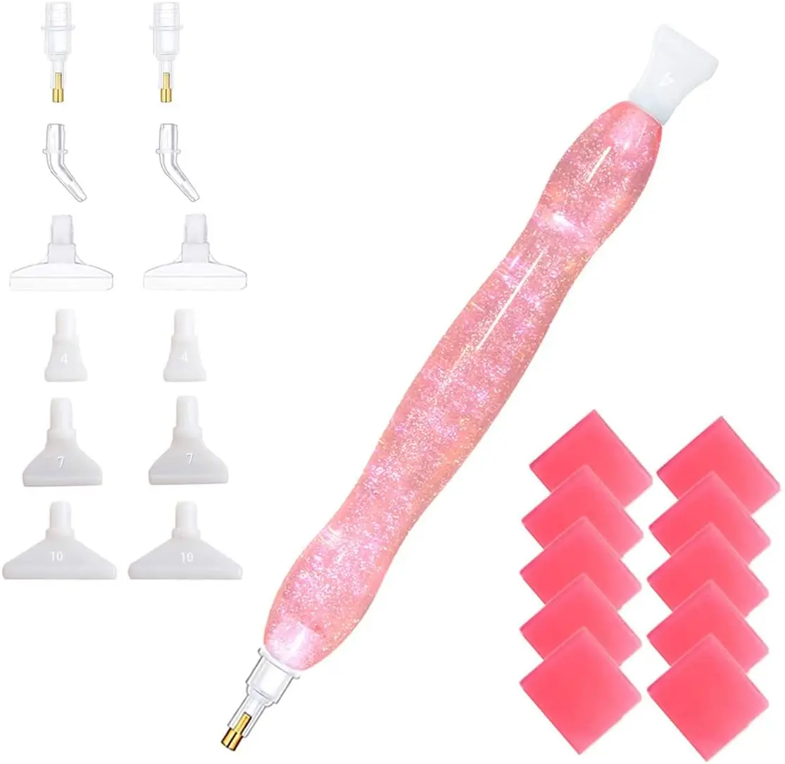 

Handmade 5D Diamond Painting Pen Kit - 14 Tips & 10 Waxes, Glitter Pink, Ergonomic & Lightweight