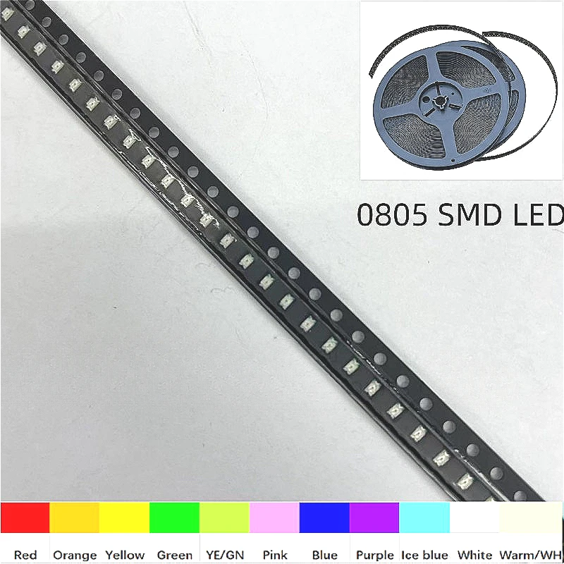 500PCS 0805 SMD LED  2.0*1.2mm High brightness Red Orange Yellow Green Pink Blue Purple Ice blue  Warm white