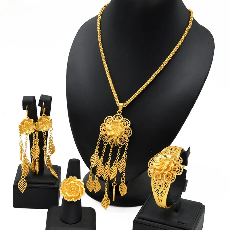 

24K Gold Plated Tassel Flower Necklace Earrings Ying Women's Bracelet CHD21117