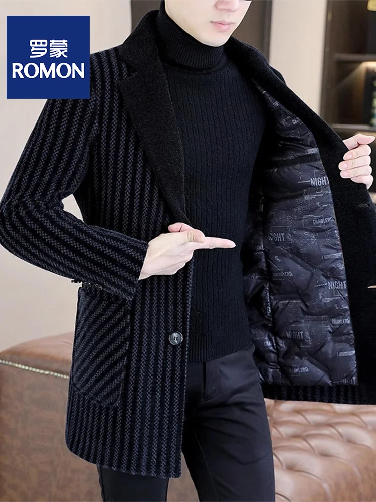 

Мужское шерстяное пальто Lormen: утепленное, деловое, повседневное, средней длины, приталенное, в полоску, ветрозащитное, из прочного полиэфирного волокна