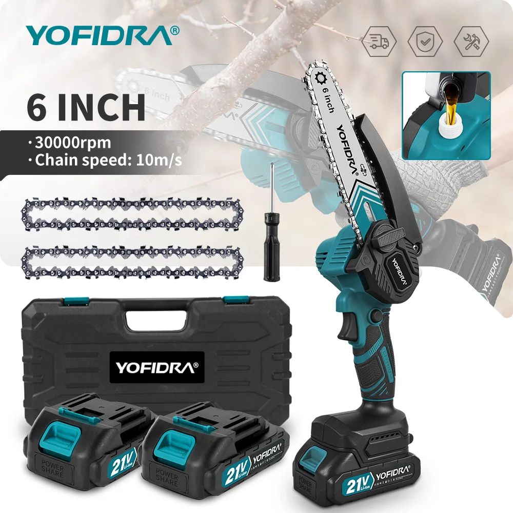 YOFIDRA 6-Zoll-Akku-Kettensäge mit Ölfunktion, Garten-Holzschneid- und Fällsäge, Elektrowerkzeug für Makita 21V-Akku