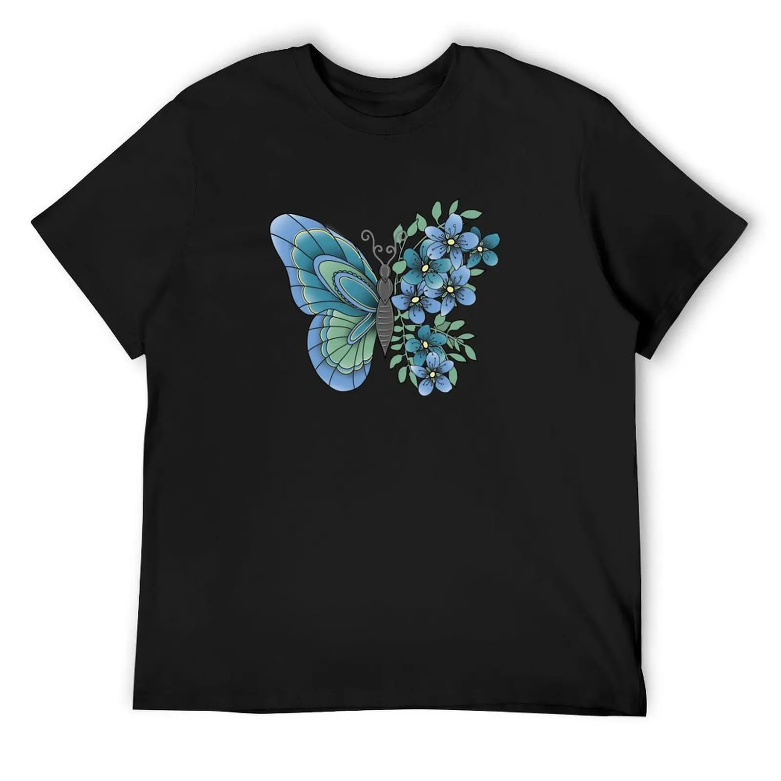 

Butterflies and Flowers, Popular Tattoo Design,Blue Flowers T-Shirt plus size tops custom t-shirts mens clothes