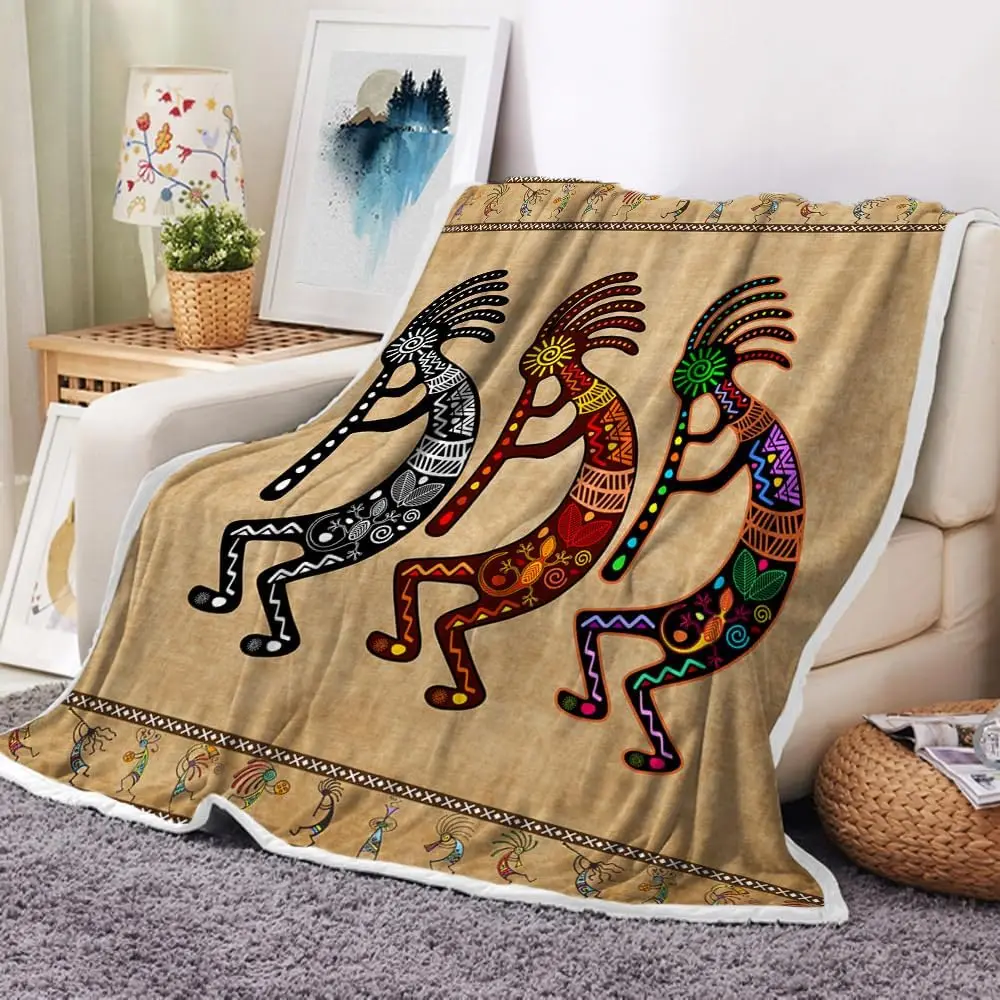 Retro Southwest Tribal Kokopelli Musician Ethnic Graphic Flannel Blanket Decorative Throw For Lounge Bedroom Holiday Gift