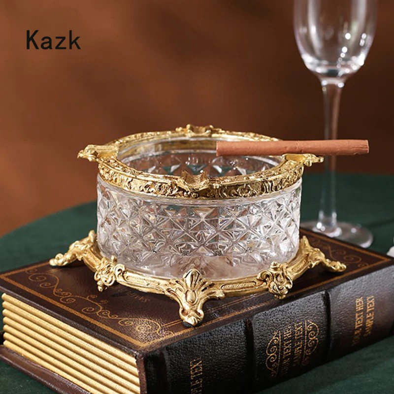 Light Luxury Crystal Glass Ashtray European High-end Household Tea Table Round Copper Art Palace Relief Ash Tray Home Decoration