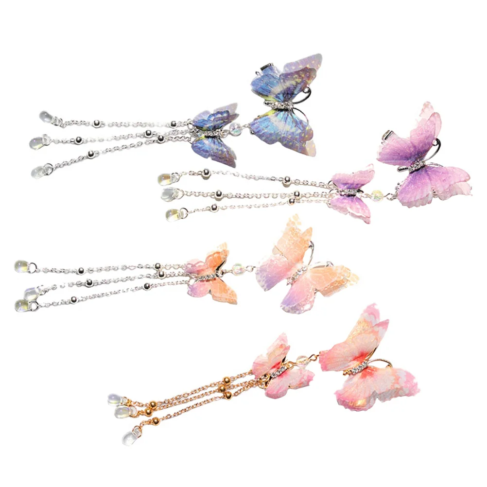 

4 Pcs Tassel Clips for Hair Butterfly Side Barrettes Butterflies Hanfu Purple Organza Bride