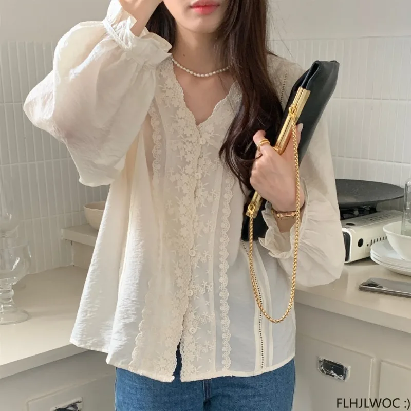 Ruffles Lace Tops Women 2024 Korean Style France Fashion Design Flare Sleeve Elegant Office Lady Work Solid Basic Shirts Blouses