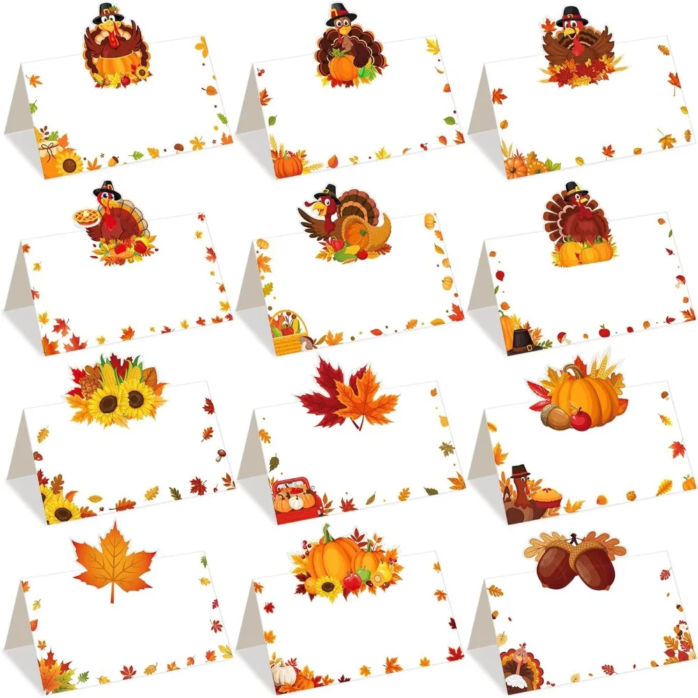 

240 Pcs Thanksgiving Place Cards Turkey Name Tags Fall Maple Leaf Pumpkin Table Folded Tent Cards Thankful Greeting Seating Name