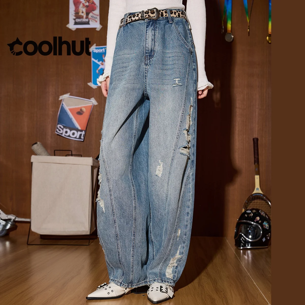 

COOLHUT 2025 Autumn High Waist Wide Leg Casual Ripped Jeans Women Trendy Patchwork Asymmetric Hem Denim Pants Streetwear Fashion