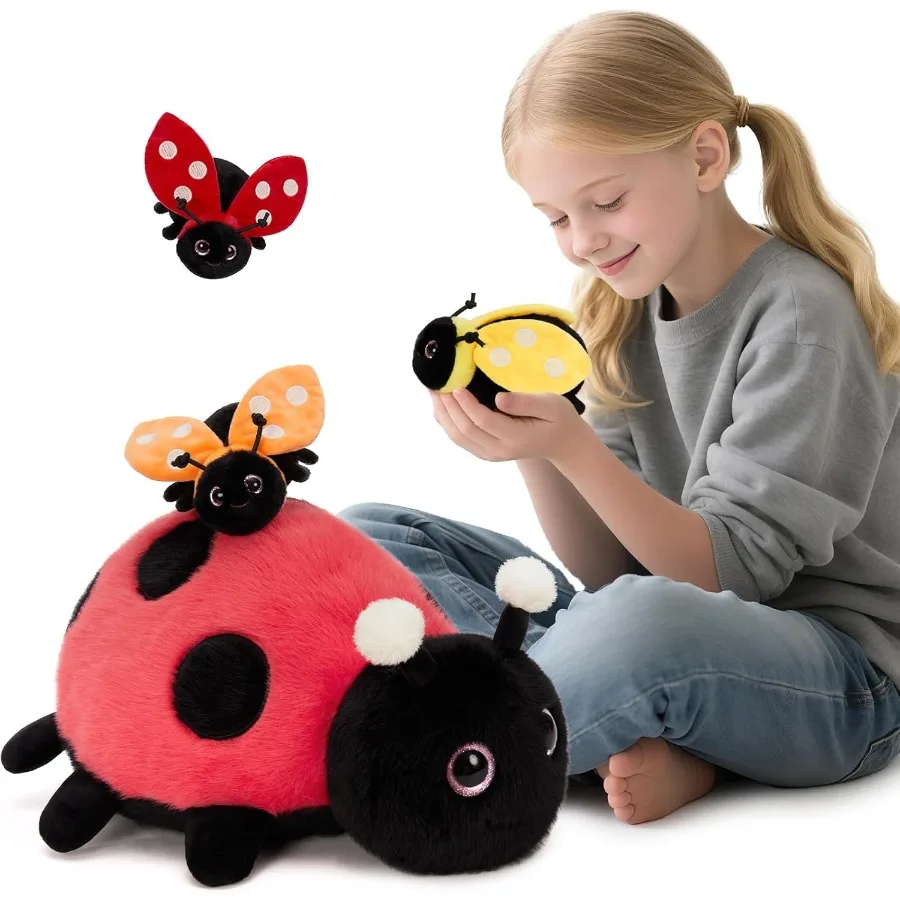 

4Pcs Ladybug Stuffed Animal Plush Toys with Glow-in-Dark Design for Insect Lover Soft Pink and Green Baby Lady Beetle Plushies