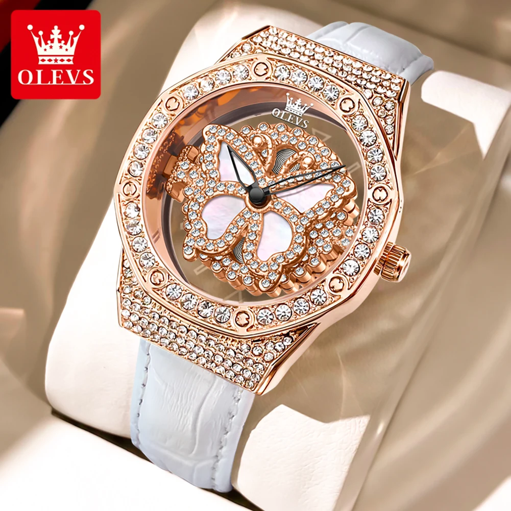 OLEVS Brand Elegant Lady Watch Butterflies Can Rotate Leather Strap Quartz Women Watch Waterproof Bracelet Necklace Gift Box Set