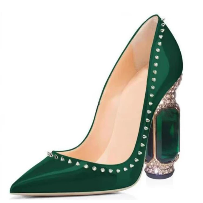 

Sexy Rivets Studs Patent Leather Big Rhinestone Pillar Pumps Pointed Toe Slip On Crystal Jeweled Heels Woman Banquet Shoes