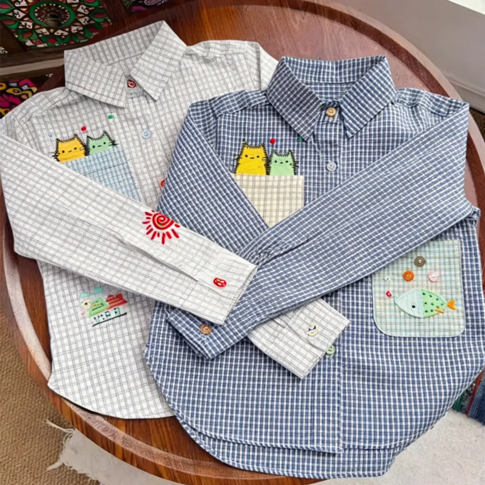 spring boys shirts baby boys clothes Striped pattern fashionable shirt Cartoon embroidery high-quality pure cotton shirt