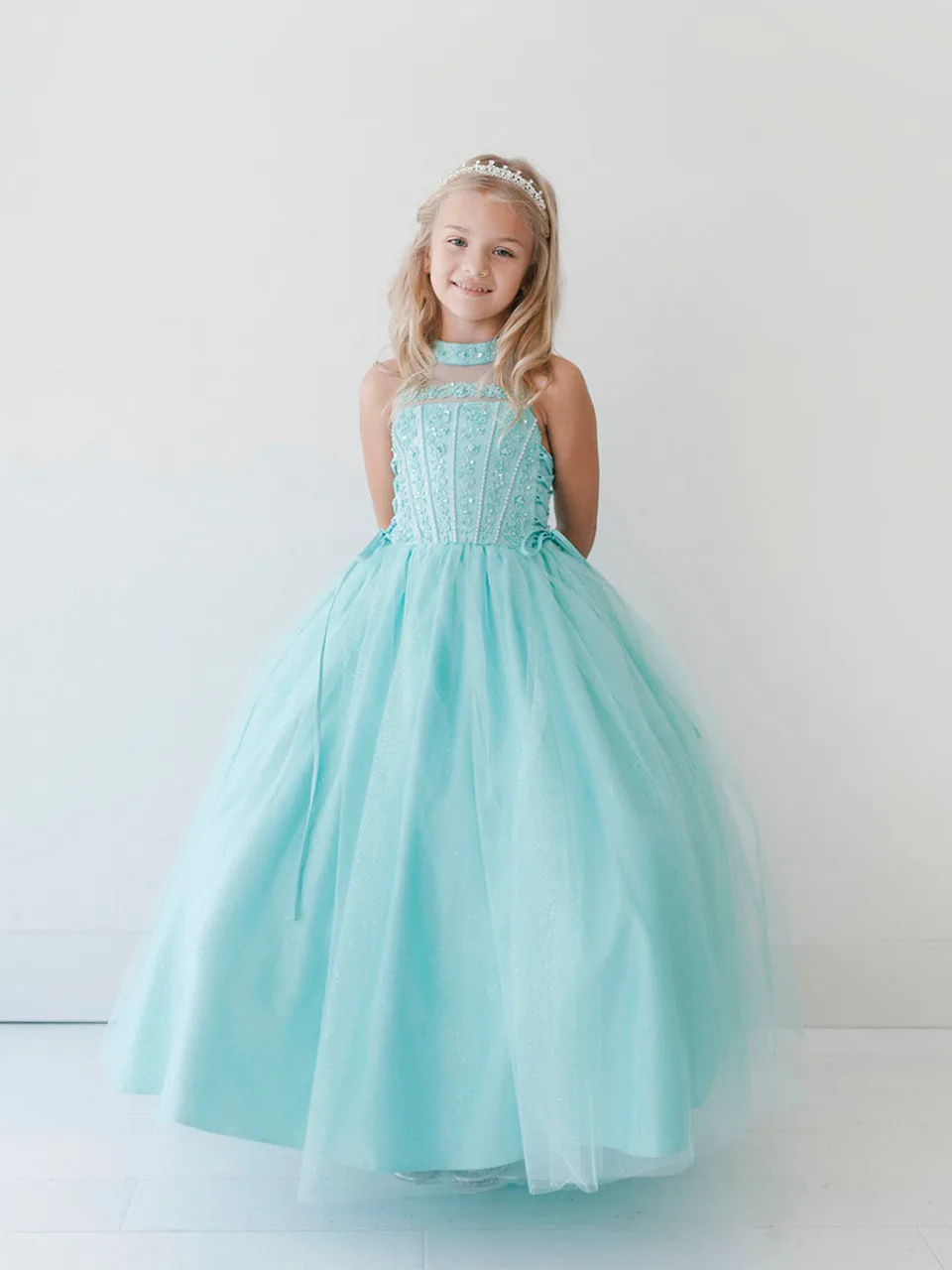 Sparkly A-line Tulle Flower Girl Dresses with Coat Illusion Halter Neckline Ankle-Length Beading Appliques Birthday Pageant Gown