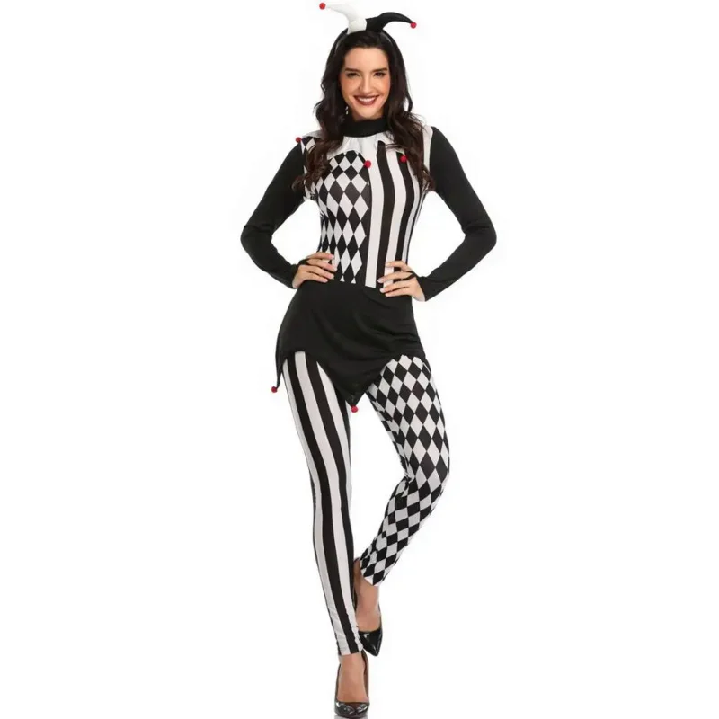 Frauen Killer Clown Kostüm Erwachsenen Cosplay Terror Clown Overalls Halloween lustige gruselige Kleidung weiß schwarz Streifen Clown Outfits