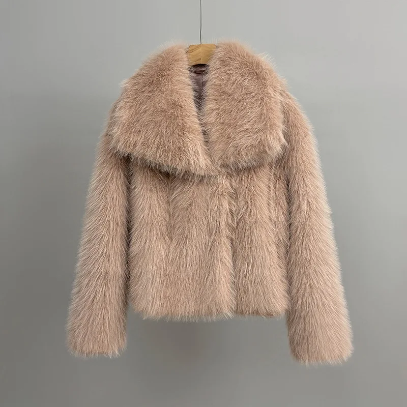 Faux Fur Coat Women Solid Fur Jacket Turn Down Collar Long Sleeve Single Breasted Loose Thick Warm Fur Casual 2025 Autumn Winter