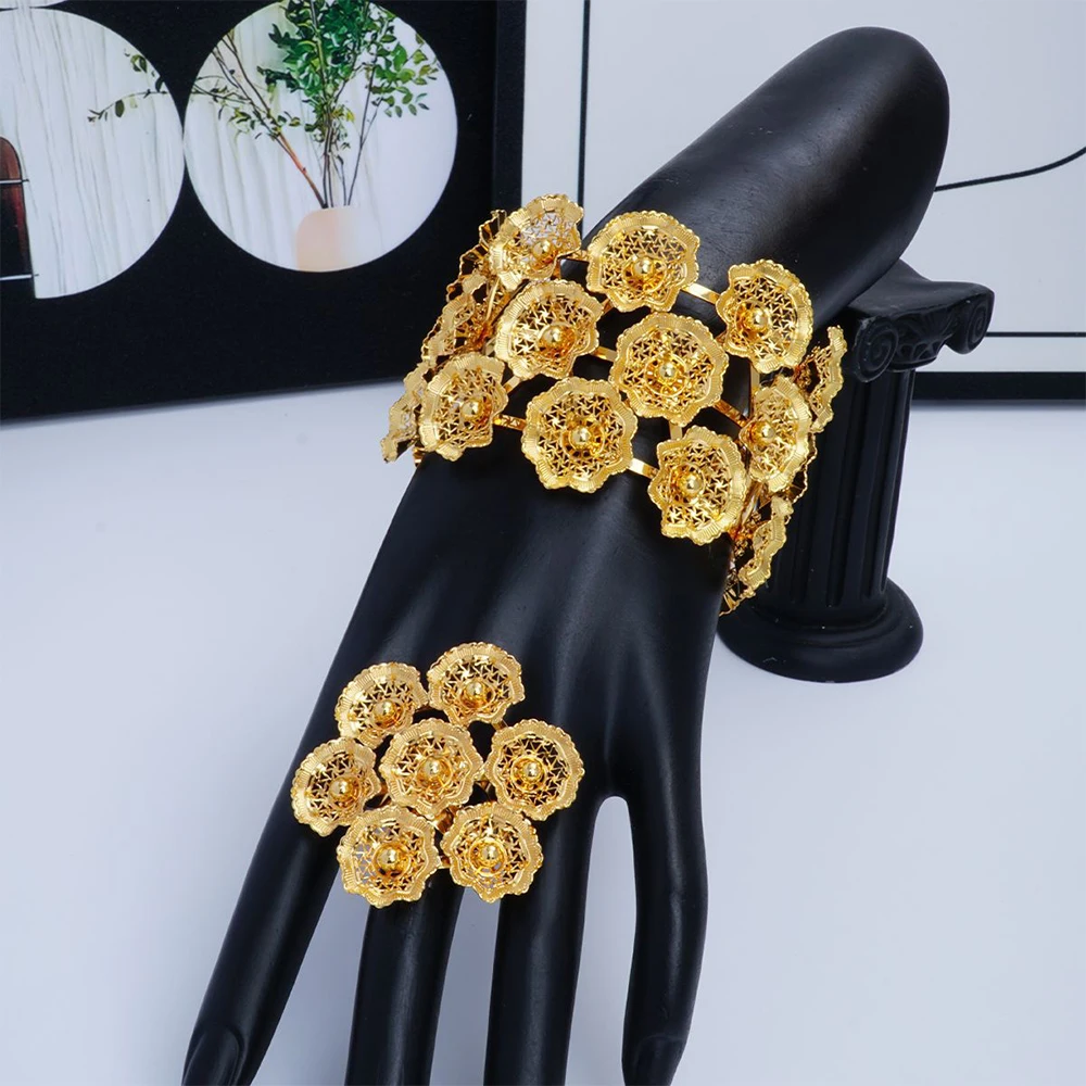 

Fashion Ring Flower Cuff Bangle with Ring Jewelry Set for Women African Luxury Gold Color Bracelet Finger Ring Daily Accessories