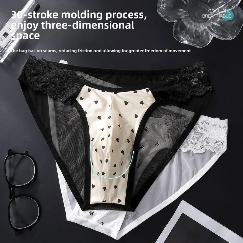 Sexy Daily Wear Men Heart Print Lace Briefs Low Waist Sheer Mesh Soft Breathable Romantic Male Intimates