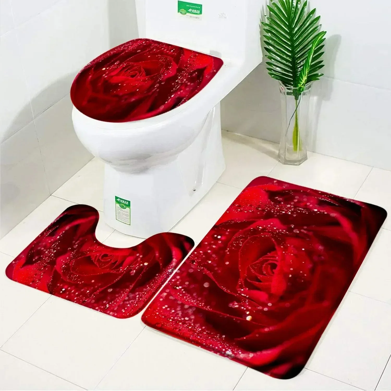 Fresh Flowers Red Rose Design Bathroom 3Pcs/set Mats Home Flannel Decorations Accessories Floor Rugs Toilet Cover 40*60/50*80 CM