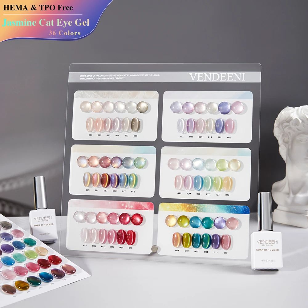 

Vendeeni 36 Colors/Set Colored Light Crystal Cat Eye Gel Nail Polish Glass Bead Magnetic UV Soak Off Gel Varnish With Display