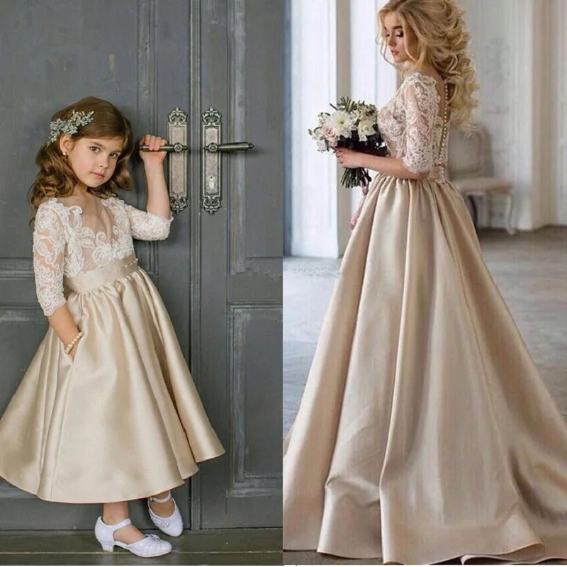 

Pageant Champagne Mom and Daughter Flower Girls Dresses For Weddings Kids 3/4 Long Sleeves Satin Ankle Length Princess Gown