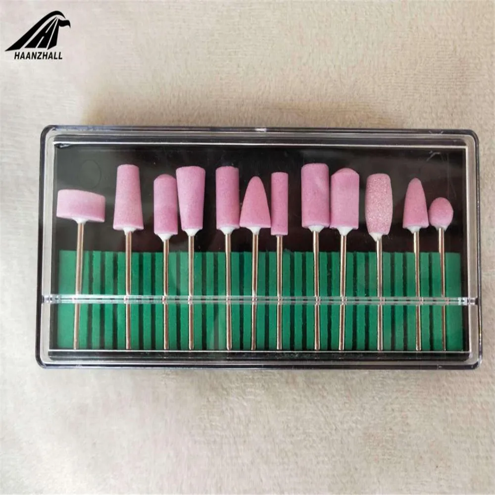 12pcs Mini Nail Drill Bit Set Quartz Abrasive Tools Electric Drill Bits Nail Art Equipment 2.35 3/32 Pink Grinding Head Tool Kit