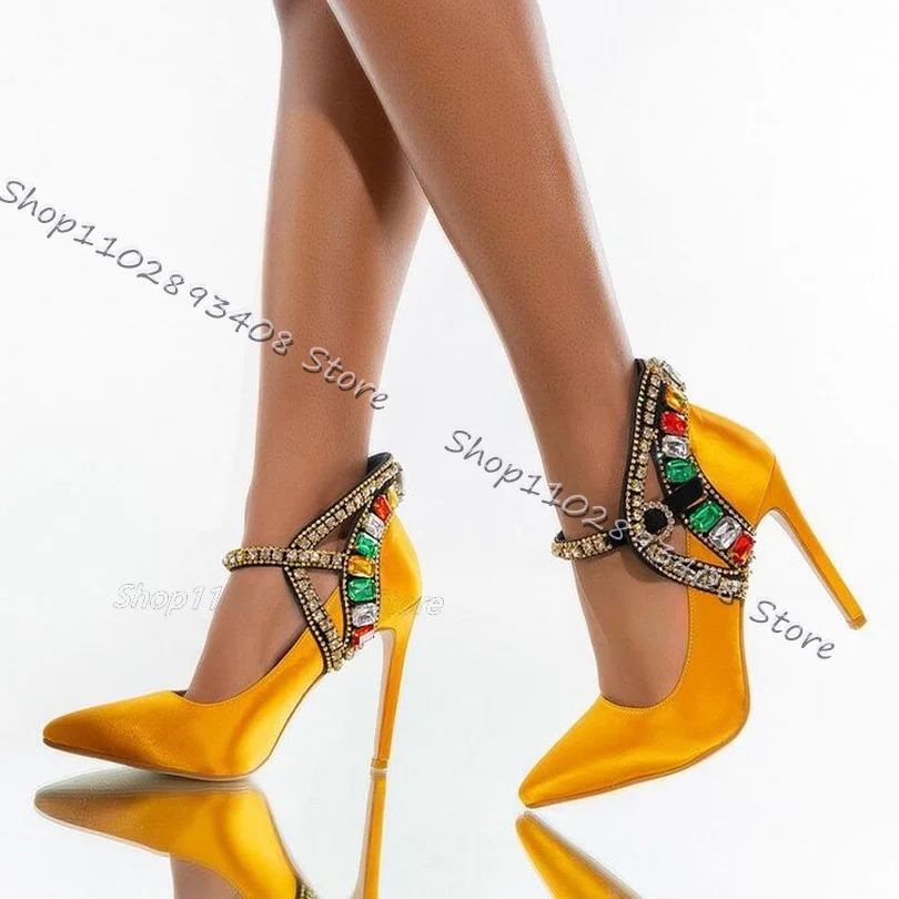 Satin Silk Crystal Decor Pumps Pointed Toe Ankle Buckle Thin High Heels Shoes Ethnic Style Party Women Shoes Zapatos Para Mujere