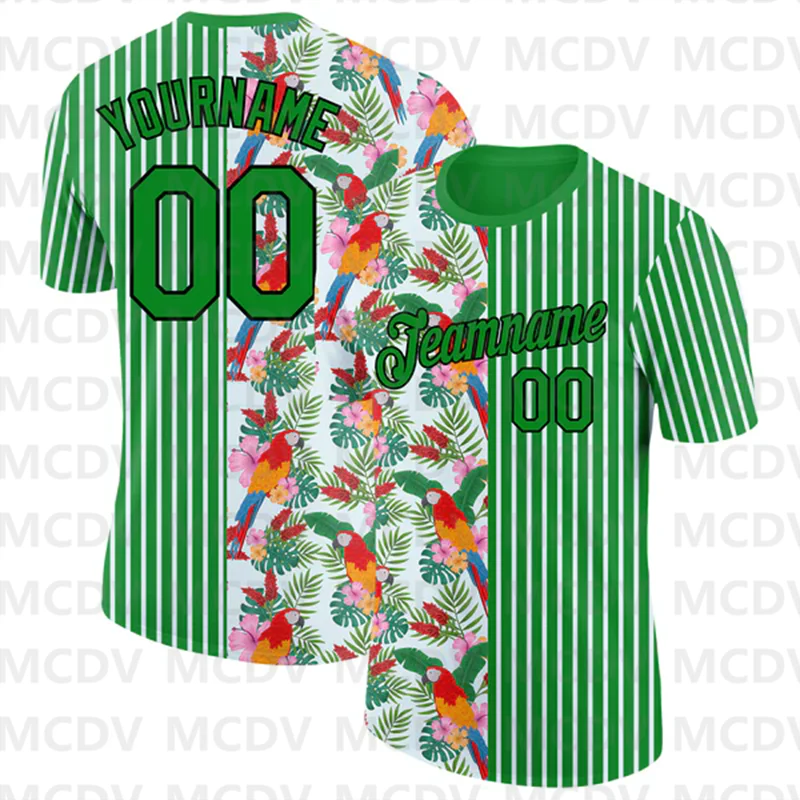 Custom Fire Red Kelly Green-White 3D Tropical Hawaii Palm Leaves And Animal Parrot Performance T-Shirt