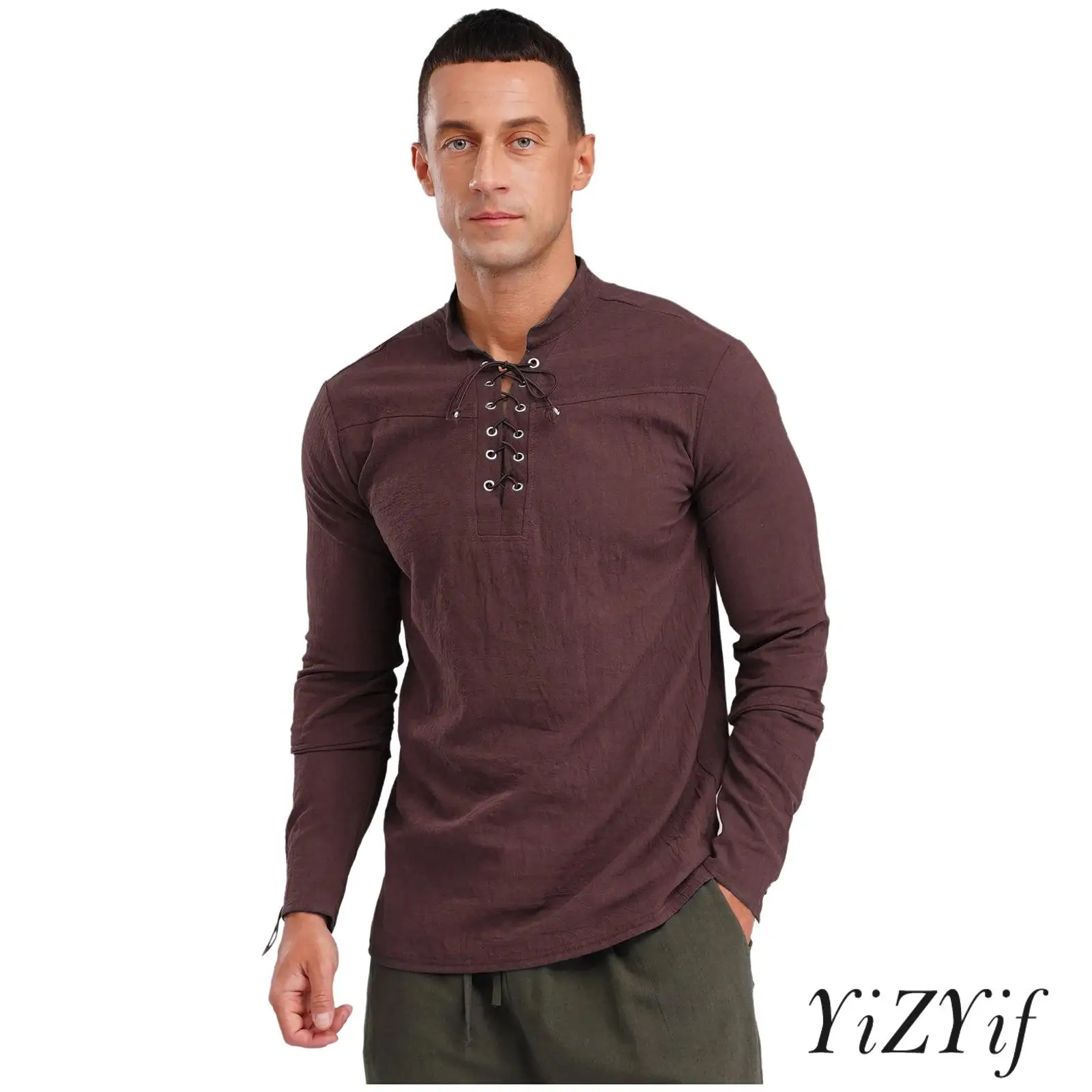 

‌Mens Retro Adjustable Lace-up Straps Pirate Shirt Soft Breathable Cotton Shirt for Cosplay Role Play Pirate Themed Parties