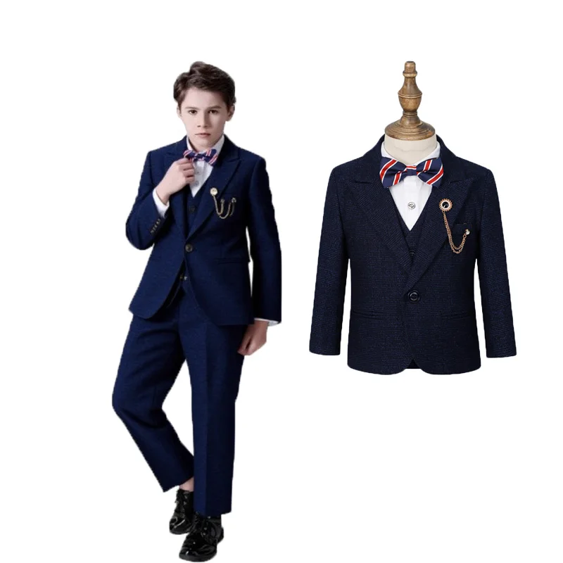 British Boys Spring 5Pieces/Set Jacket Vest Pants Bowtie Brooch Speech Dress Kids Wedding Suit Children Birthday Party Costume